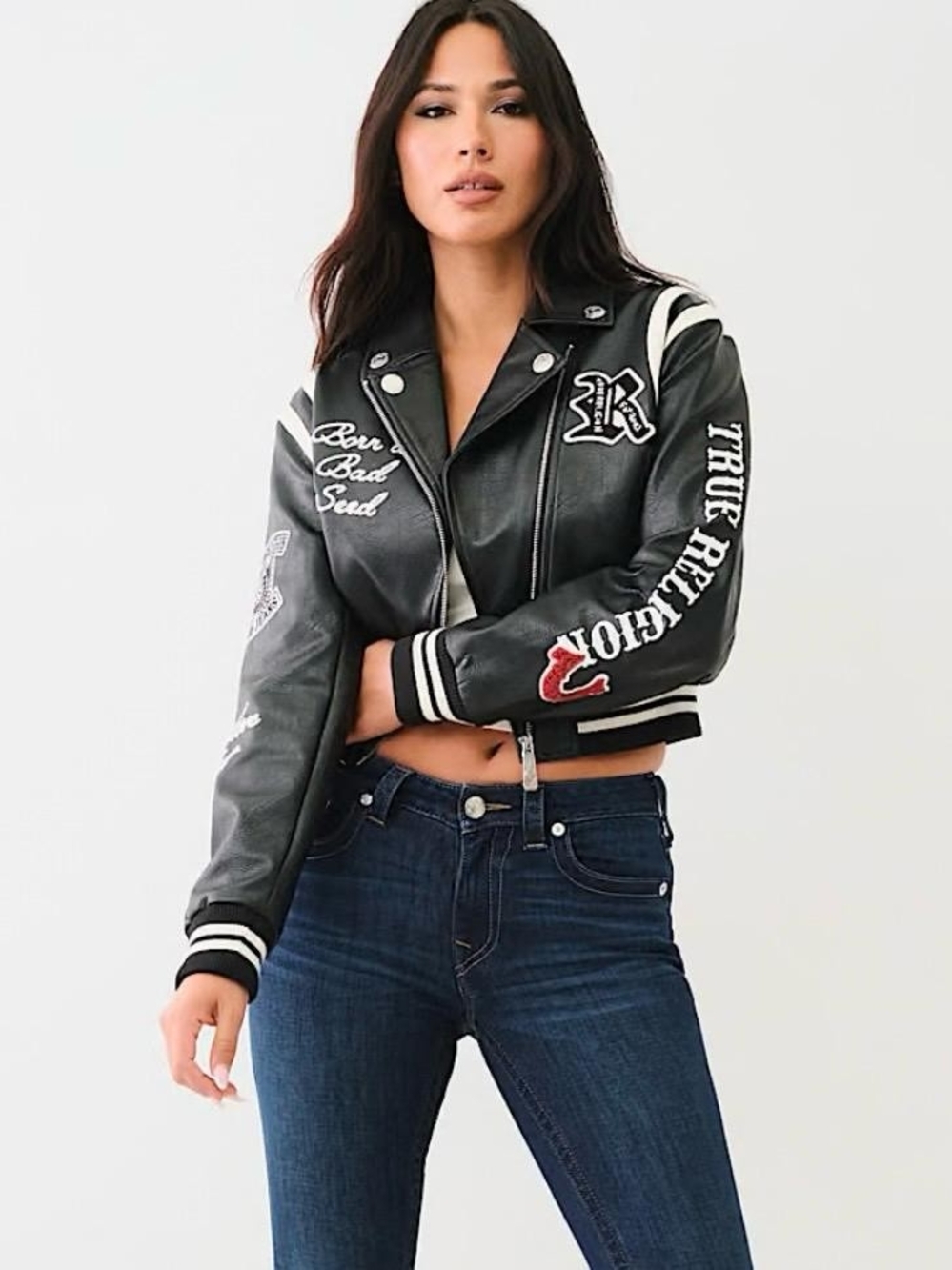 🔥 True Religion Women’s Moto PU Bomber Jacket Jet Black Style 600743 Size L